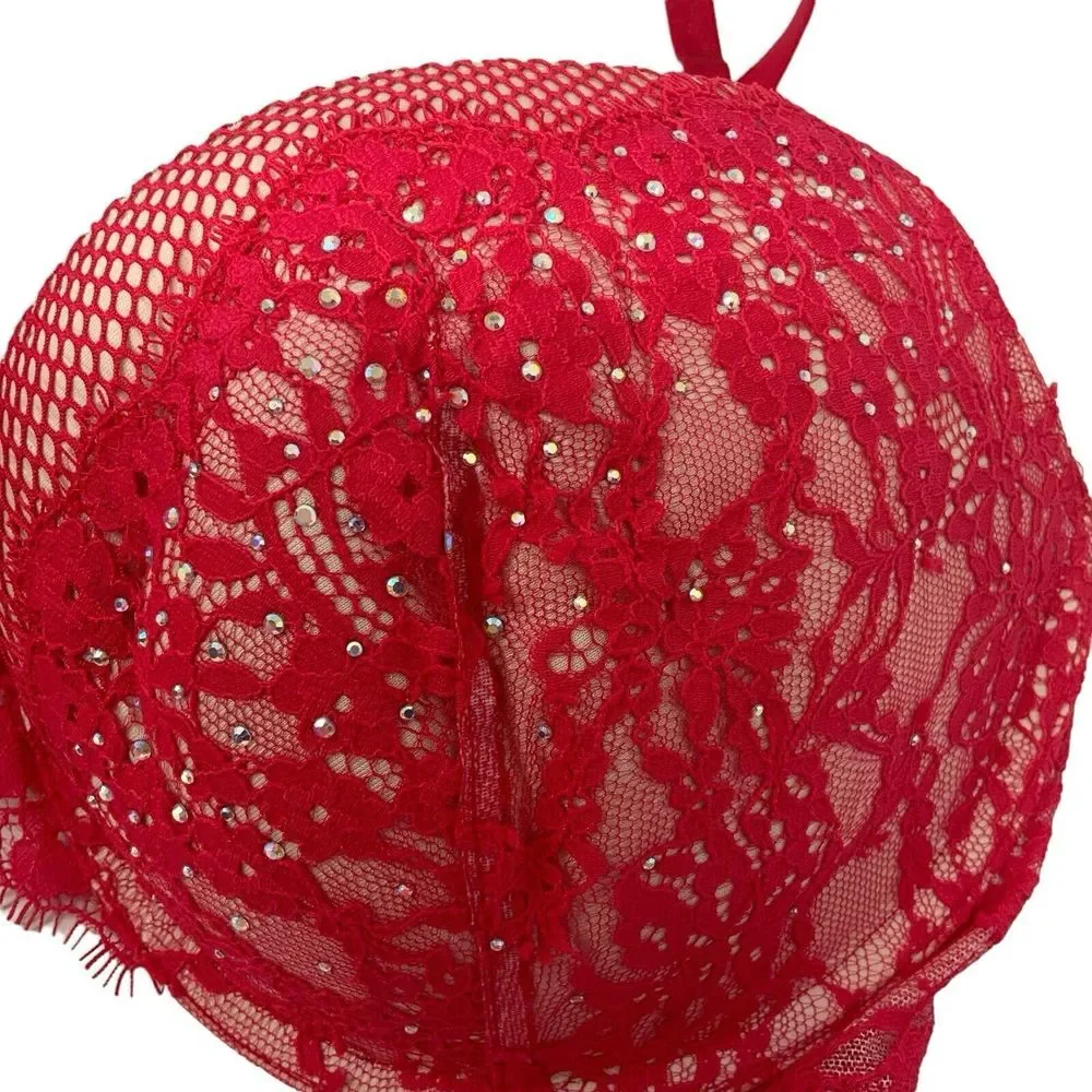 Victoria's Secret Very Sexy Hot Pink Push Up 34DD Bra Fishnet‎ Lace Bling READ